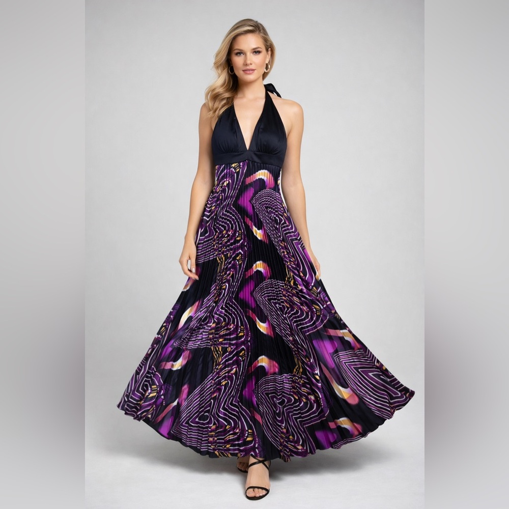 Vintage Betsy & Adam by Linda Bernell Maxi Halter Dress Pleated Satin Purple 4P